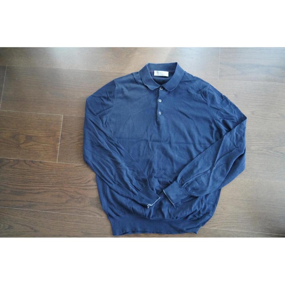 Brunello Cucinelli Long-Sleeve Cotton Jersey Polo - Navy - Size Medium 50